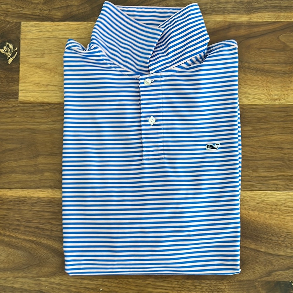 Vineyard Vines Performance Blue and Pink Stripped Polo